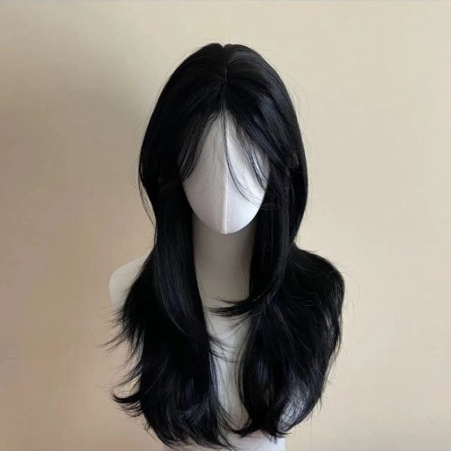 Imagen de Peluca Sintética Negra con Diadema para Mujer, Cuerpo Ondulado, Flequillo Francés, Diseño Rosa, Alta Calidad y Realista