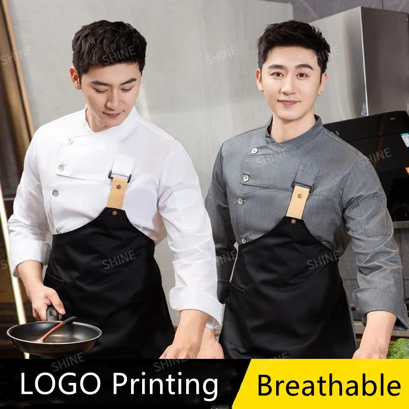 Image of Professional Men's Chef Uniform Set with Long Sleeve Jacket, Apron, and Logo – Restaurant, Hotel, and Kitchen Workwear for Chefs and Waiters