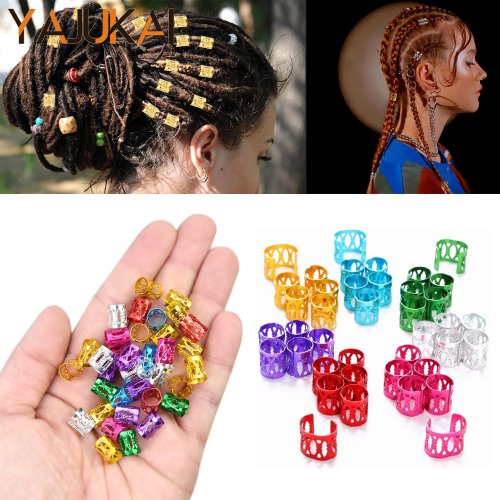 Bild von 50 Stück ausgehöhlte Haarring-Zubehör, Perlen für Frauen und Mädchen, DIY-Haar, Metall-Haar-Zopf-Ringe, Clips für Dreadlock-Haarflechten