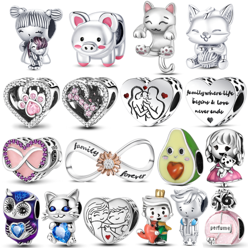 Immagine di Braccialetto Originale in Argento Sterling 925 con Perline di Zirconi Intarsiati e Ciondoli a Forma di Cuore Colorati