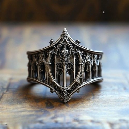 Image of Elegant Ancient Silver Tone Hollow Crown Ring with Gothic Relief Design for Men and Women – Vintage Castle Motif Fashion Jewelry