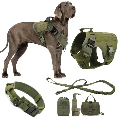 Pettorina Tattica per Cani con Guinzaglio Integrato e Tasche Multifunzione – Gilet Militare Regolabile per Addestramento e Servizio di Cani di Taglia Media
