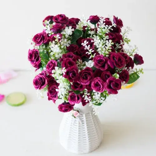 Image de Bouquet de Roses Artificielles Miniatures - 15 Têtes - 30 cm