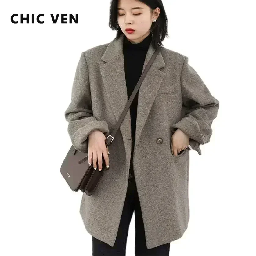Image of Elegant Autumn Winter Korean-Style Wool Blazer for Women – Thick Warm Coat with Cotton Lining, Solid Color Office Lady Jacket