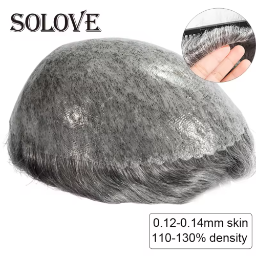 Bild von Natürliches Echthaar-Toupet für Männer – Haarprothese mit Hautbasis und Knoten in Schwarz, Braun und Grau – Hochwertige Herrenperücke als komplettes Haarsystem