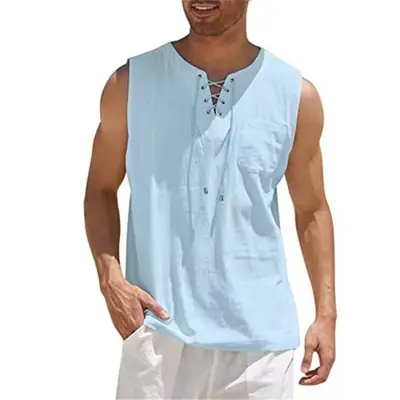 Image de Chemise Homme Coton Lin Rétro Col V - Style Décontracté & Élégant