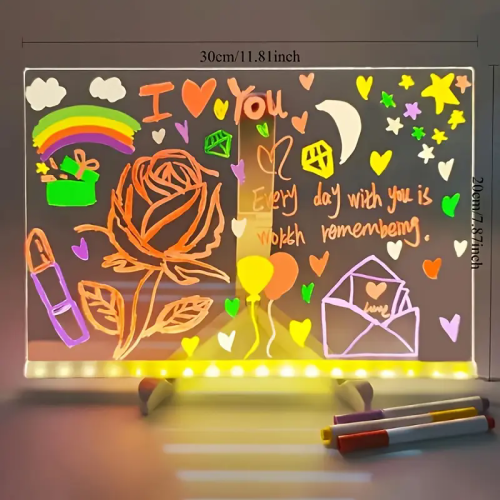 Imagen de Tablero de Notas LED con Luz Nocturna y 7 Bolígrafos Coloridos - Tablero Acrílico Borrable para Niños, Ideal como Regalo de Cumpleaños