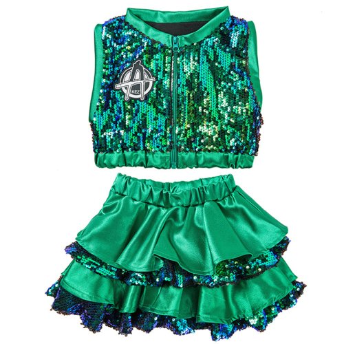 Afbeelding van Moderne Jazz en Hip Hop Danskostuum voor Kinderen - Glanzende Crop Top met Rok in Groen en Roze, Sprankelende Set voor Optredens en Feestjes