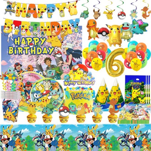 Image of Pokémon-Themed Birthday Party Decoration Set with Pikachu Balloons, Tableware, Cups, Plates, and Party Favors for Kids' Celebrations