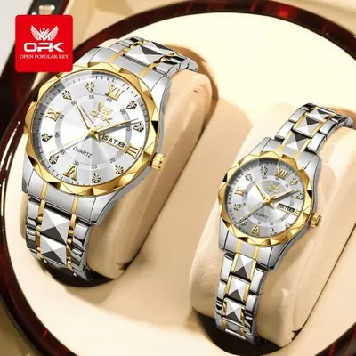 Image de Montre de Couple Dorée avec Diamants - Étanche & Calendrier