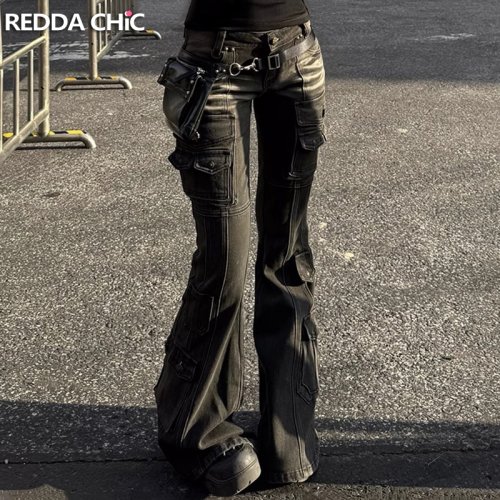 Pantalones Vaqueros Cargo Negros de Cintura Baja con Detalles Desgastados de los Años 2000, Corte Bootcut Elástico y Múltiples Bolsillos – Ropa de Calle Retro Grunge para Mujer