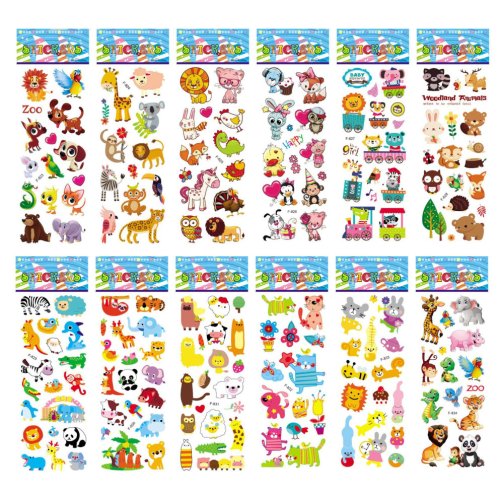 Imagen de Pegatinas 3D Hinchadas para Niños - Paquete de 12 Hojas con Dibujos Animados de Animales del Zoológico, Frutas y Más - Ideal para Álbumes de Recortes y Regalos de Cumpleaños