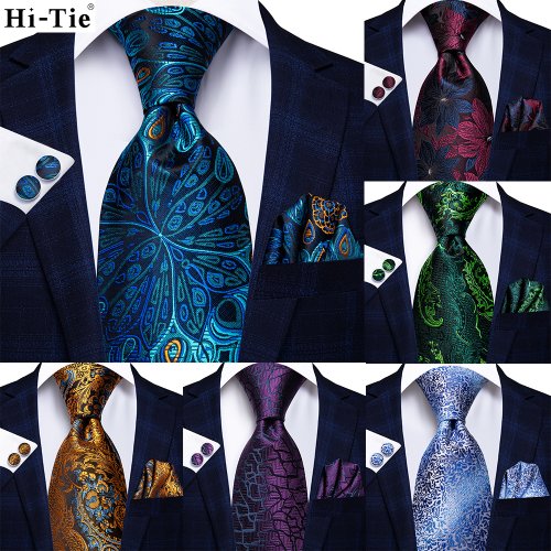 Image of Hi-Tie Peacock Blue Novelty Design Silk Wedding Tie For Men Hanky Cufflinks Gift Mens Necktie Set Business Party Dropshipping