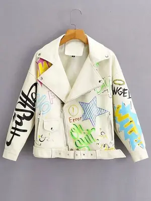 Image de Veste en Faux Cuir Imprimé Graffiti - Style Punk & Slim