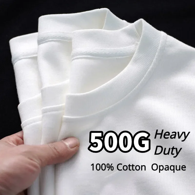 Image of Premium Black and White Heavy Duty 500GSM Pure Cotton T-Shirt with Thickened Threaded Round Neck and Three-Needle Half Sleeve Design