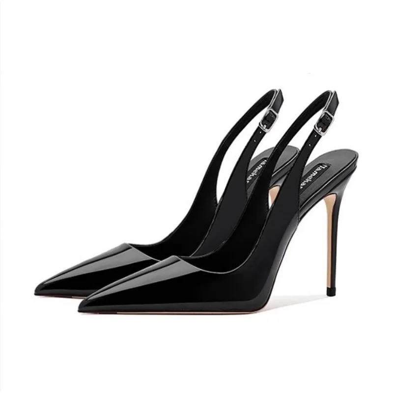 Image of Elegant Patent Leather Pointed Toe High Heels with Suspender Strap – Stylish Summer Sandals for Women’s Formal and Evening Wear