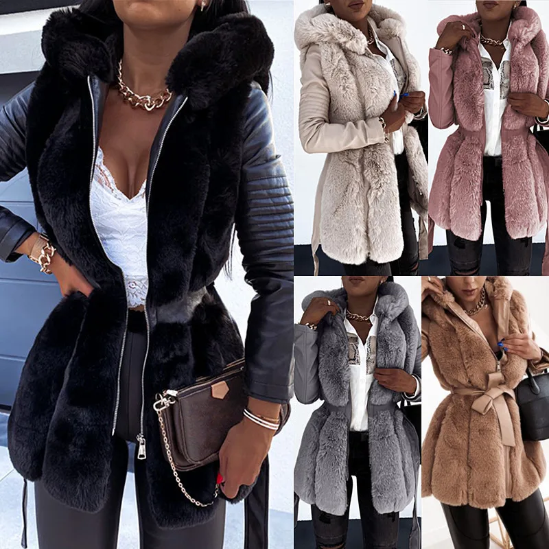 Image of Stylish Autumn Winter Women's Hooded Faux Fur Coat with Belt and Zipper Closure – Solid Color Warm Jacket for Women
