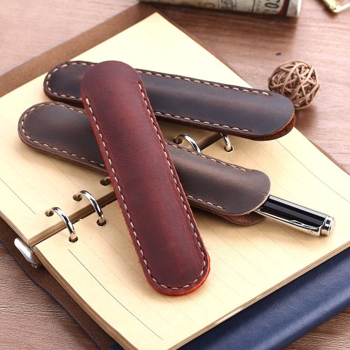 Image of Retro Handmade Genuine Cowhide Leather Pencil Case with Metal Fountain Pen Holders – Premium Business & School Stationery Gift