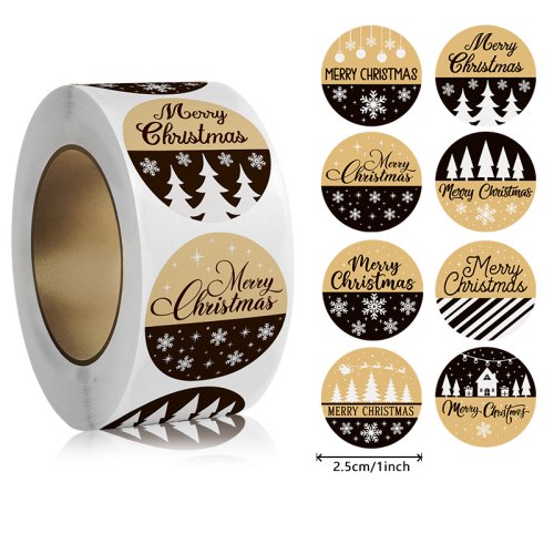 Image of 500-Piece Roll of Kraft Paper Christmas Stickers – Festive Holiday Thank You Labels for Cards, Gift Boxes, and Packaging (1 Inch)