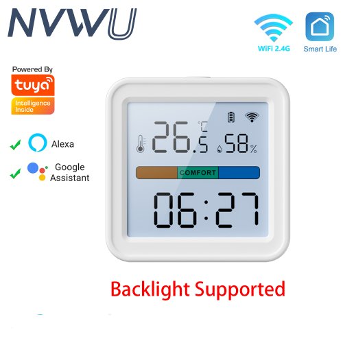 Immagine di Sensore Wi-Fi Tuya per Umidità e Temperatura con Retroilluminazione - Igrometro e Termometro Intelligente Compatibile con Alexa, Google Home e Assistant