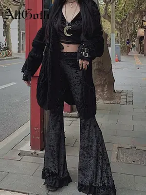 Image de Pantalon Gothique Évasé Noir Velours - Style Harajuku Punk