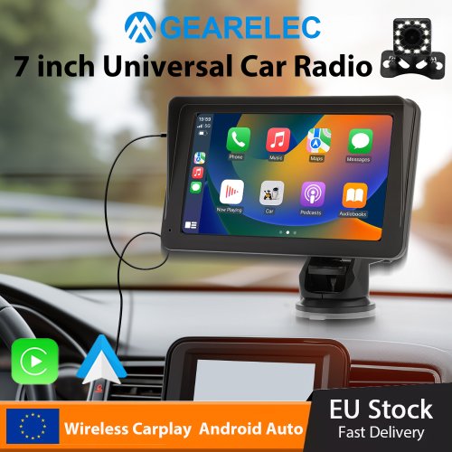 Bild von 7-Zoll-Tragbares Autoradio mit Wireless CarPlay und Android Auto – Universelles Touchscreen-Multimedia-System mit FM, Rückfahrkamera und Video-Player für jedes Fahrzeug