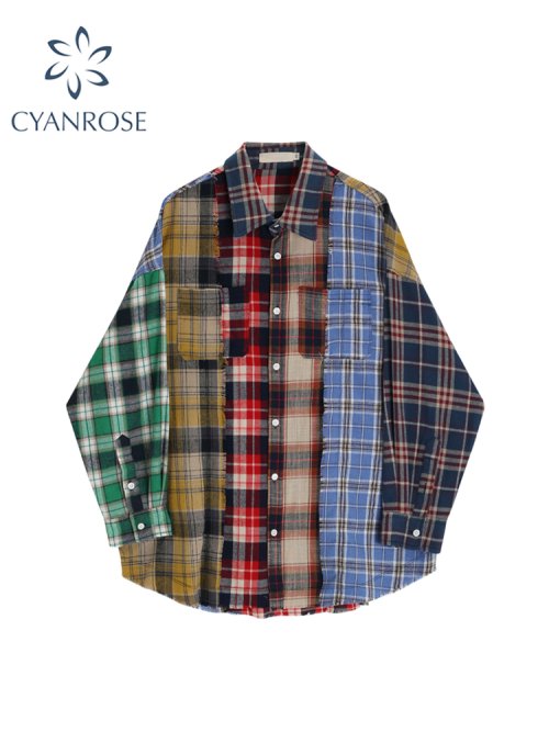 Bild von Frauen Patchwork Plaid Shirts und Blusen Y2k Vintage Koreanische Harajuku Mode 90er Jahre Elegante Langarm Polo-Neck Shirt Top kleidung