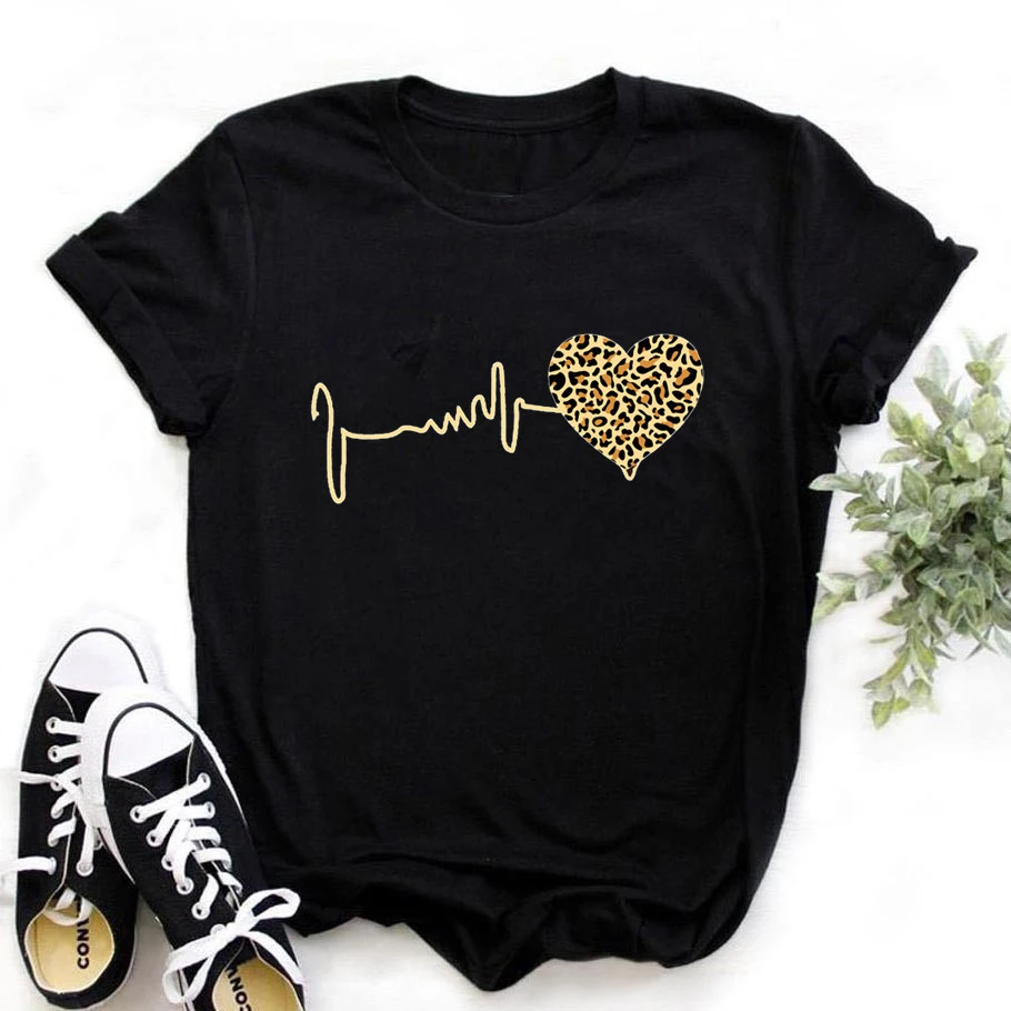 Bild von Sommer Neue 90er Jahre Leopard Herzschlag Kurzarm Print Kleidung frauen T-Shirt Harajuku Grafik Kleidung frauen Top t
