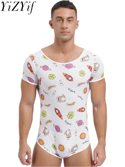 Image of Men's Cute Cartoon Print Short Sleeve Bodysuit Pajama Romper with Buttoned Crotch - Comfortable Sleepwear & Swimwear in One