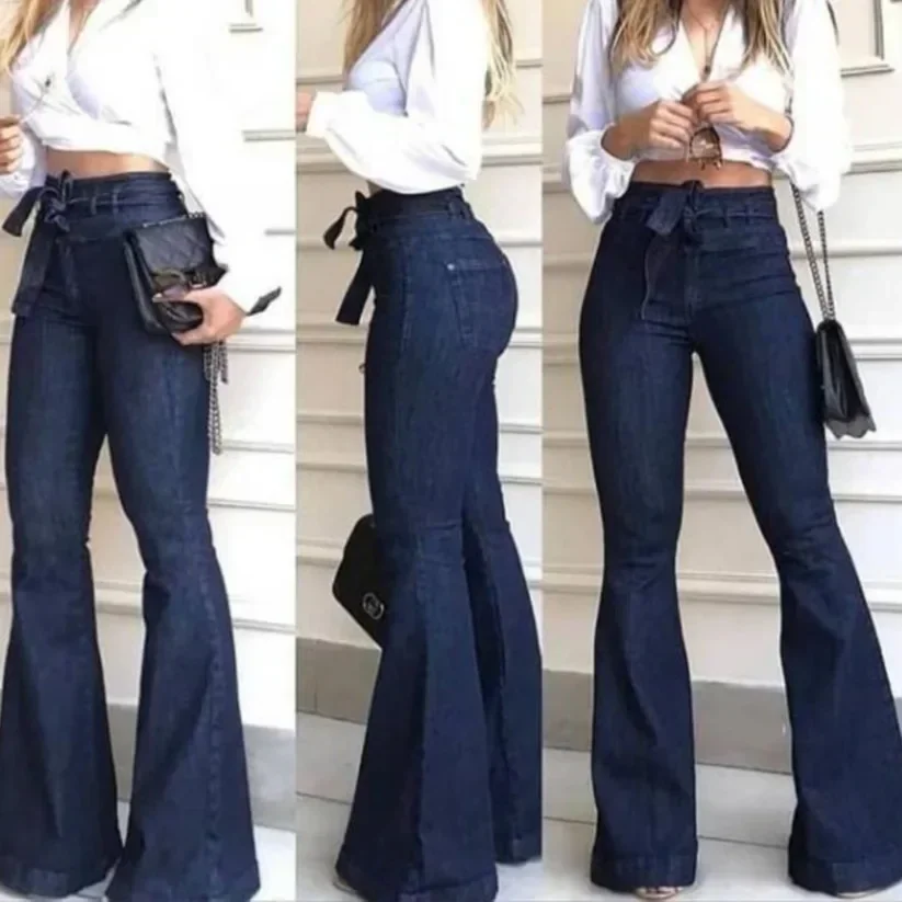 Imagen de Pantalones Vaqueros Acampanados para Mujer con Cintura Alta, Cremallera y Bolsillos Planos, Diseño Ajustado con Botones de Retazos y Cinturón Elástico Ligero