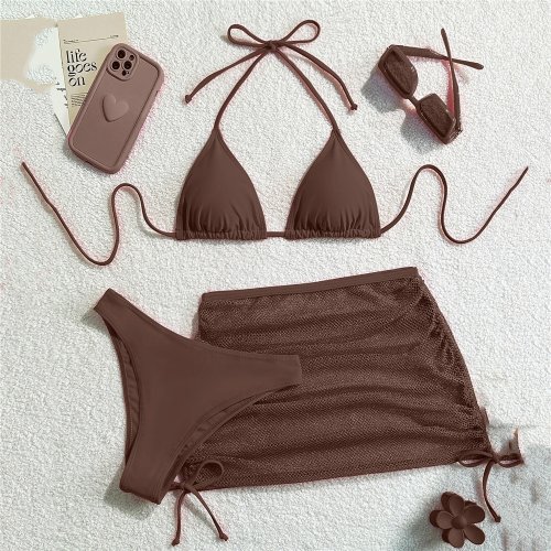 Immagine di Bikini 3 Pezzi Marrone Sexy con Gonna a Rete