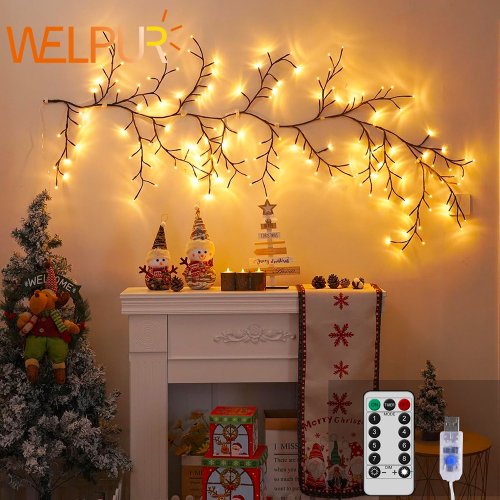 Bild von 96 LED-Weidenreben-Licht-Set, 1,8 m/1,45 m, DIY-Feiertags-Weidenlicht für Zuhause, Wand, Treppen, Dekoration, Geburtstagsfeier, Weihnachtsdekoration