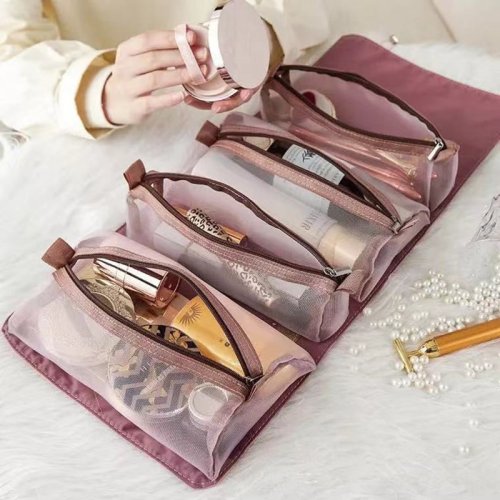 Imagen de Bolsa de Maquillaje 4 en 1 para Mujer con Compartimentos Separables, Malla Transpirable y Cremallera – Diseño Plegable y Portátil en Nailon Resistente