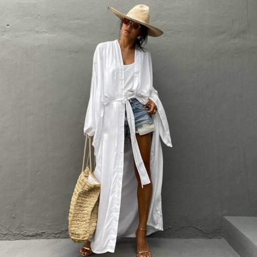 Image of Elegant Solid Color Beach Cover-Up for Women – Self-Belted Wrap Kimono Dress Swimwear Robe, Perfect Summer Beachwear 2025