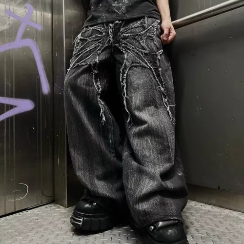 Zdjęcie Unisex Jeans Y2K – Gotycki Style z Haftowanym Pająkiem