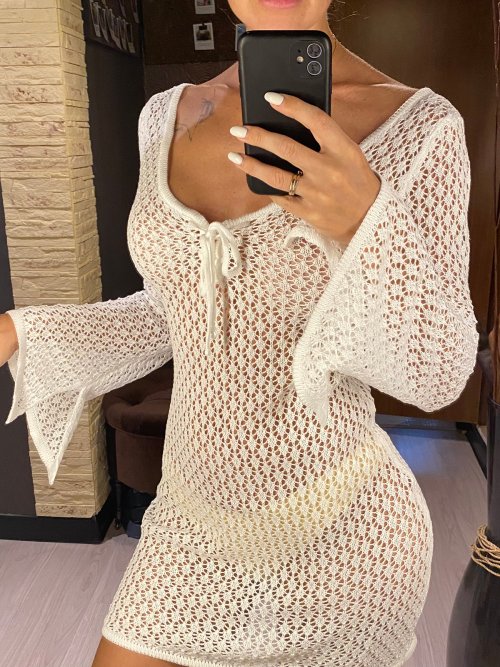 Image of V-Neck Long Sleeve Hollow Out Crochet Knitted Tunic Beach Cover-Up for Women – Stylish Boho Swimwear Dress for Summer Vacations