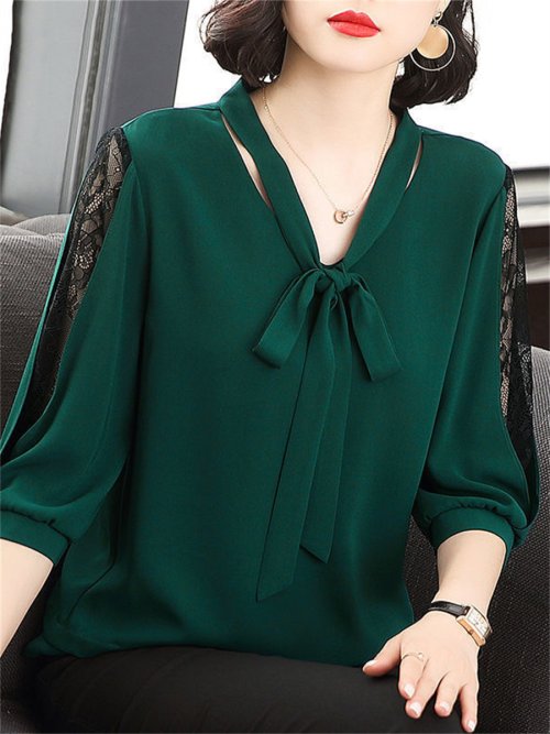 Zdjęcie Damskie wiosenne letnie bluzki w stylu topy Lady Casual muszka Colloar pół koronkowy rękaw luźne Blusas topy DF4275