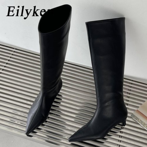 Image of Elegant Pointed-Toe Knee-High Boots for Women – Cozy Spring and Autumn Fashion with Slip-On Design, Low Heel, Perfect for Banquets and Dressy Occasions