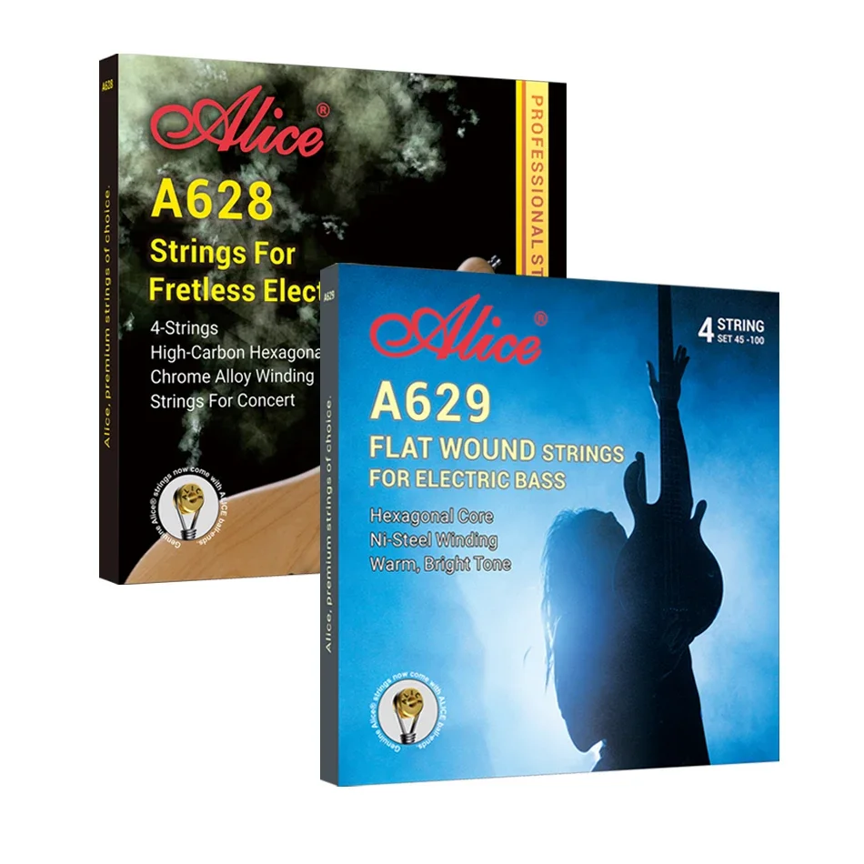 Image of Alice A628/A629 Flat Wound Electric Bass Strings - 4-String Set with Hexagonal Core, Nickel Steel and Chrome Alloy Winding for Rich, Smooth Tone