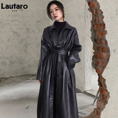 Image of Autumn Women's Long Black PU Leather Trench Coat with Belt, Single-Breasted Loose Fit, Korean Fashion Style