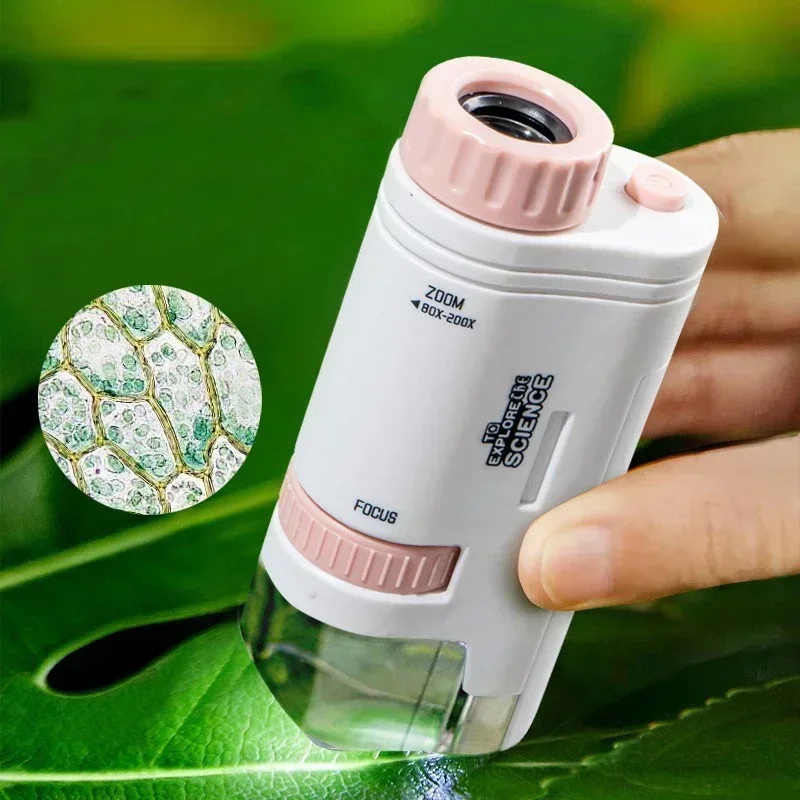 Zdjęcie 60-200X mikroskop dla dzieci mikroskop kieszonkowy z oświetleniem LED przenośny elektryczny Mini mikroskop naukowy o wysokiej rozdzielczości na zewnątrz