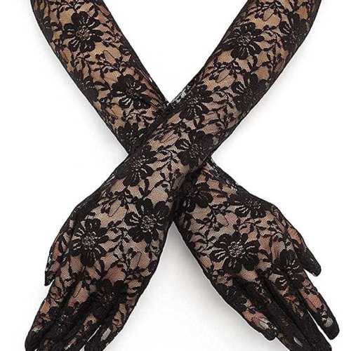 Immagine di Guanti Lunghi Trasparenti da Donna in Pizzo con Fiori in Rete Traspirante e Fiocco – Stile JK Lolita Kawaii Y2K, Perfetti per Feste e Cosplay