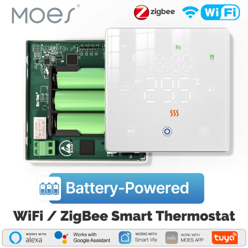 Immagine di Termostato Intelligente Moes con Wi-Fi e Zigbee, Alimentato a Batteria, Compatibile con Alexa e Google Home, Regolazione della Temperatura per Caldaie a Gas e Sistemi Domotici