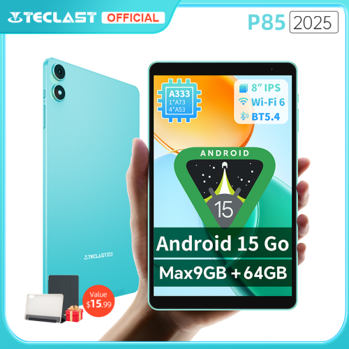 Immagine di Tablet Teclast P85 2025 con Android 15, Schermo IPS da 8 Pollici, Processore A333 a 5 Nuclei, 9 GB RAM + 6 GB di Espansione, 64 GB ROM, Wi-Fi 6, Porta USB Tipo C e Batteria da 5000 mAh - Tablet per Bambini