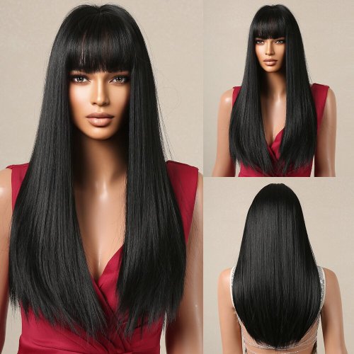 Bild von Natürliche Schwarze Lange Gerade Synthetische Perücke für Frauen – Hitzebeständig, Täglich Tragbar, Ideal für Cosplay und Alltag