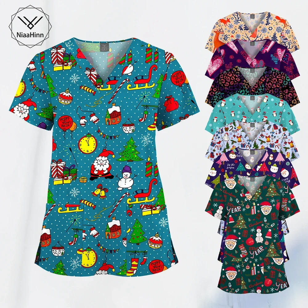 Image of Wholesale Printed Nursing Scrubs Christmas Uniforms V-neck Short Sleeved Fashionable Nursing Uniform Tops Beauty Spa T-shirt New