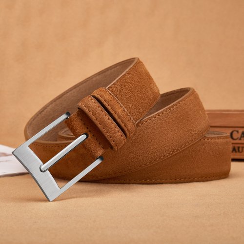 Bild von Süßer Gürtel aus Rindsleder, echtes Leder für Herren und Damen, mit Oxford-Stoff, echtes Leder, luxuriöse Dornschließe, blaugraue Gürtel