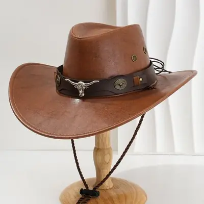 Image de Chapeau Cowboy Vintage en Faux Cuir - Style Occidental Unisexe
