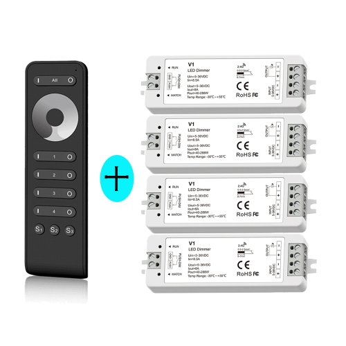 Imagen de Atenuador LED de 4 Zonas con Control Remoto Inalámbrico RF 2.4G, Interruptor de Empuje y Rueda Táctil de 13 Teclas para DC 5V/12V/24V/36V