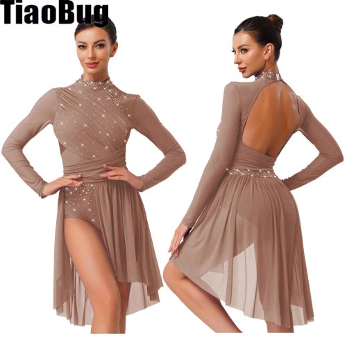 Afbeelding van Elegante Lyrische Dansjurk met Strass, Lange Mouwen en Ruches – Backless Eenstukjes Jurk voor Modern Ballet en Hedendaagse Dans